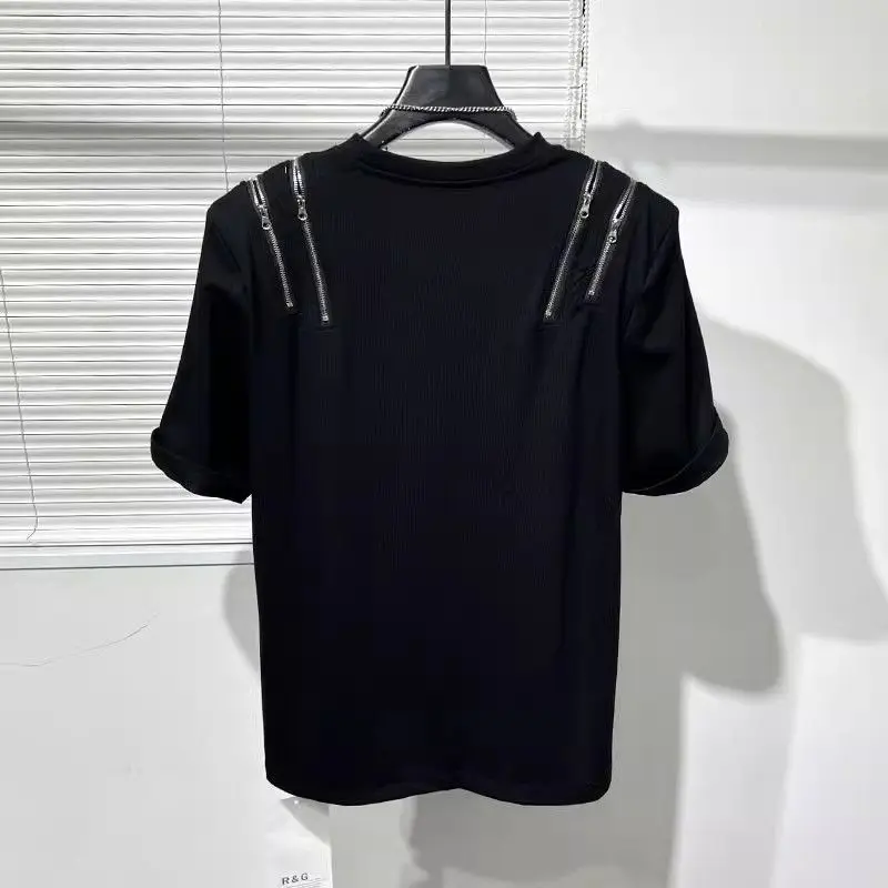 Summer Irregular Zipper Short Sleeve O Neck Men T Shirts Fashion Personality Popular 2xl Oversized Work Clothes Tops Black White