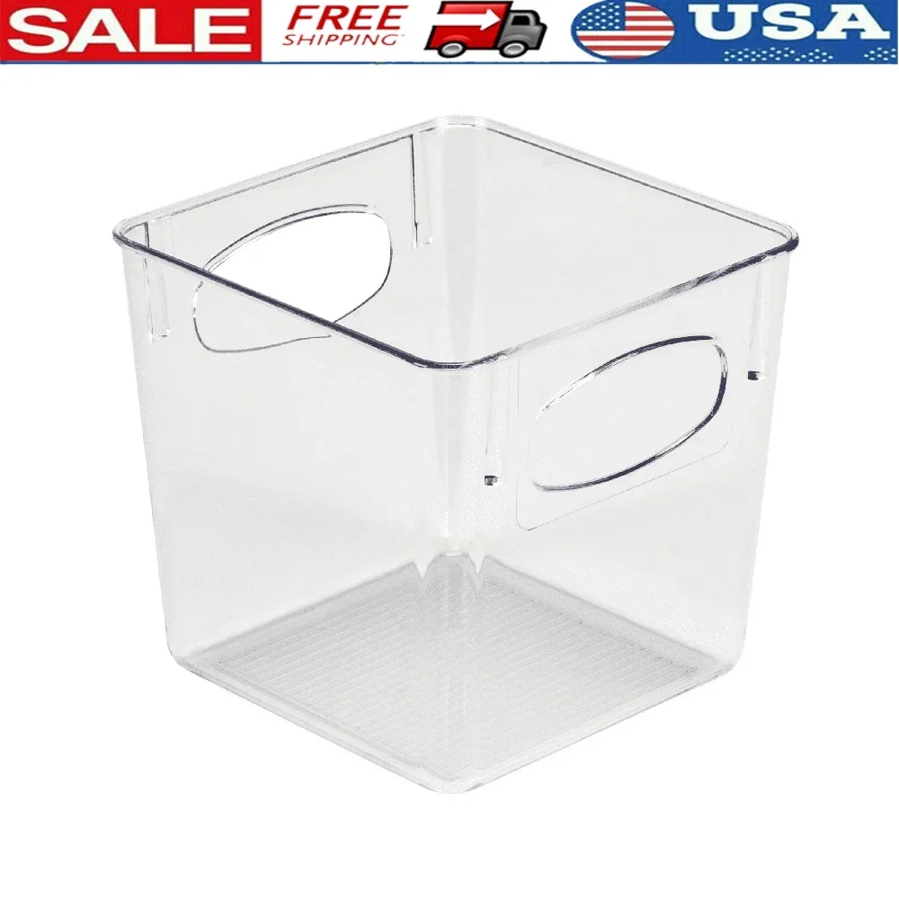 

Square Clear Plastic Storage Organizer Basket Home Office Bathroom Jewelry and Cosmetic Accessories with Easy Grip Handle
