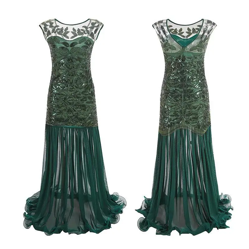 1920s Style Long Evening Gown with Lace And Beads Maxi Dress for Party And Banquet Vintage Floral Print Maxi Skirt