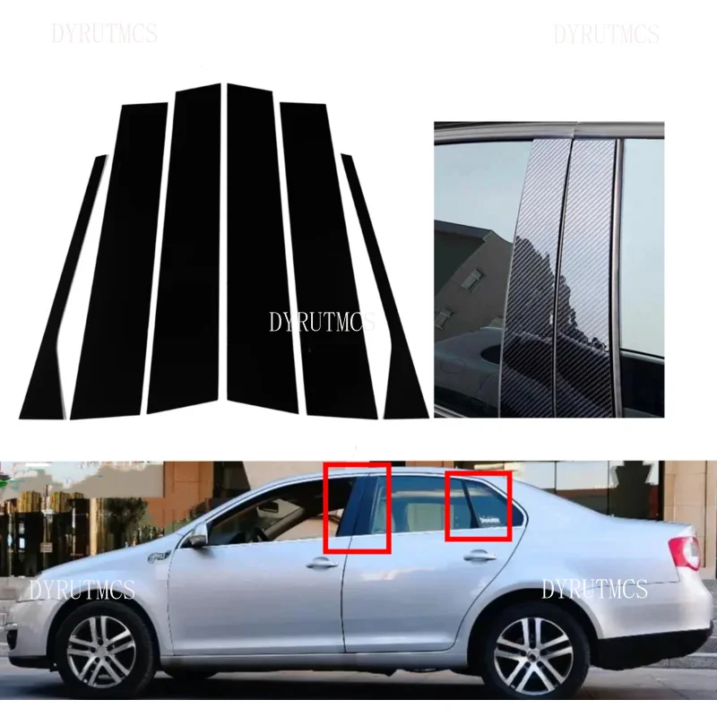 

6PCS Gloss Black Silver Carbon Pliiar Posts Fit For VW Jetta MK5 Sedan 2006 2007- 2010 Door Moulding Tim Window Decora Cover