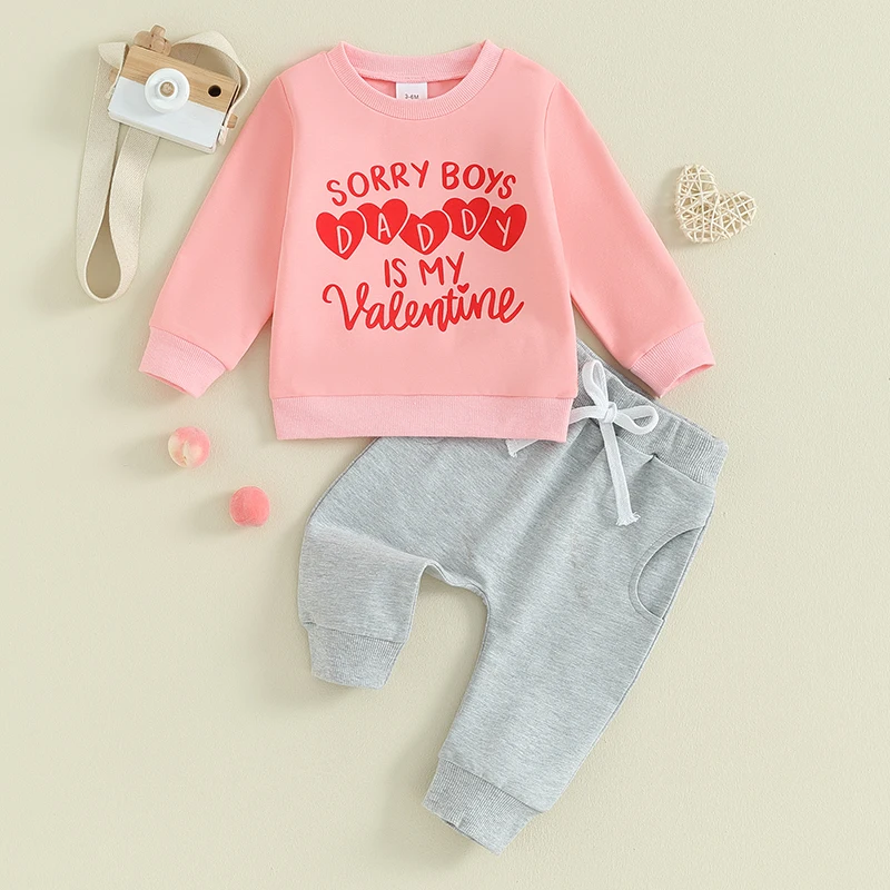 

Suefunskry Baby Girl Valentine’s Day Outfits Long Sleeve Letter Print Sweatshirt Pullover Tops+ Pants with Pocket Toddler Set