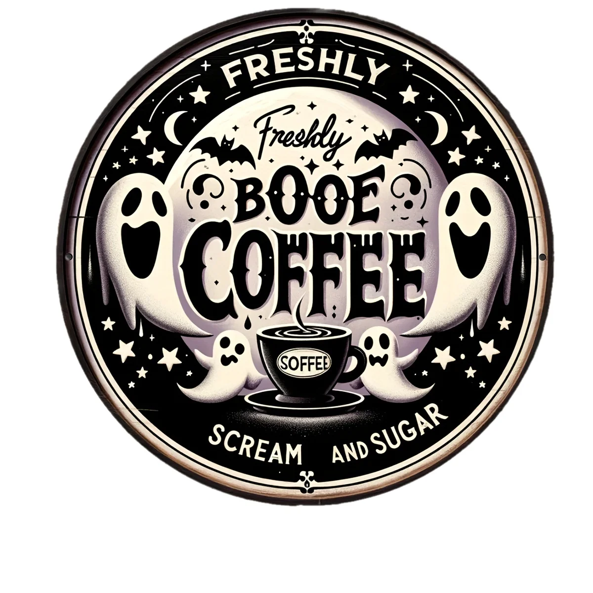 

Halloween Coffee Tin Sign Set of 1 - Vintage Style Spooky Decoration Plaque with Freshly Brewed Coffee, Scream and Sugar Design