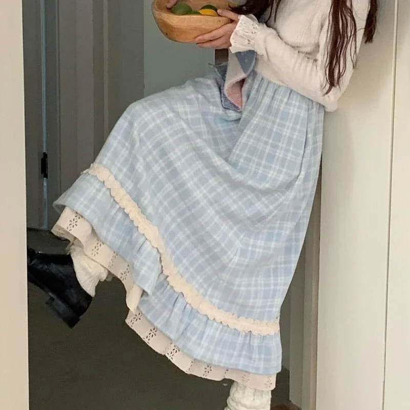 Japanese Sweet Long Skirt Women Fall Winter Blue Plaid Vintage Preppy Patchwork Skirts High Waist A Line Loose Casual Cute Skirt