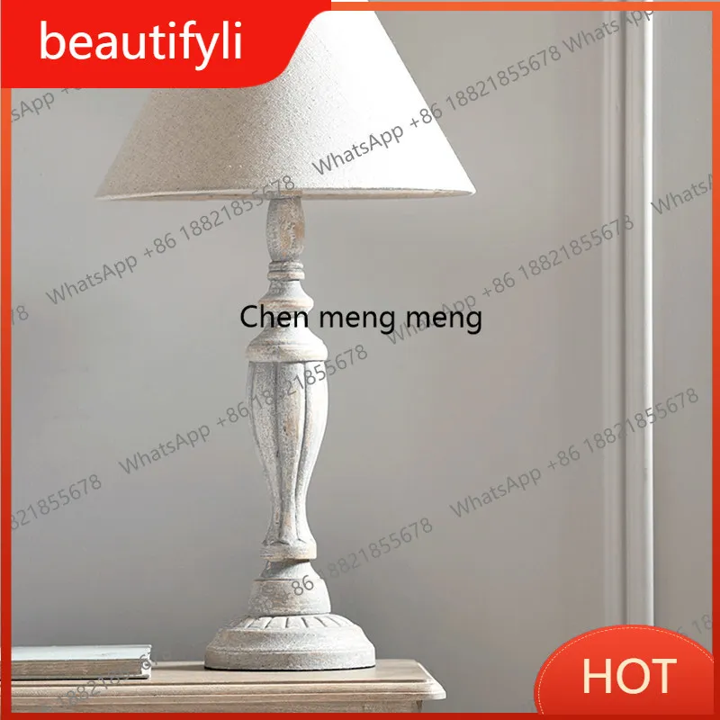 

D80 American retro old solid wood table lamp creative fabric study decoration bed lamp