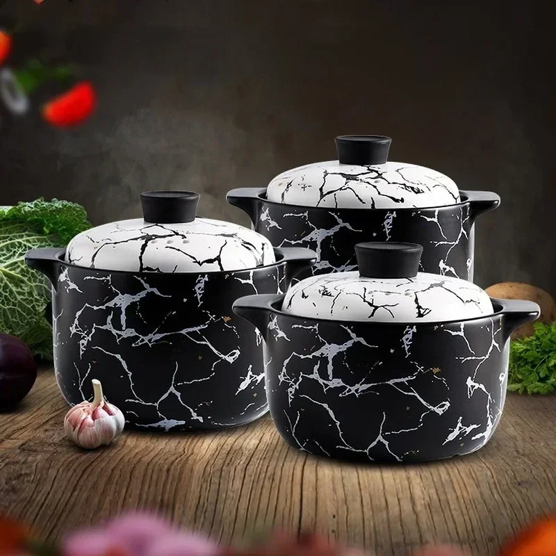 Ceramic Casserole Nordic Black White Marble Pattern Soup Pot Stew Pot Open Flame Heat-resistant Home Kitchen Cooking Supplies