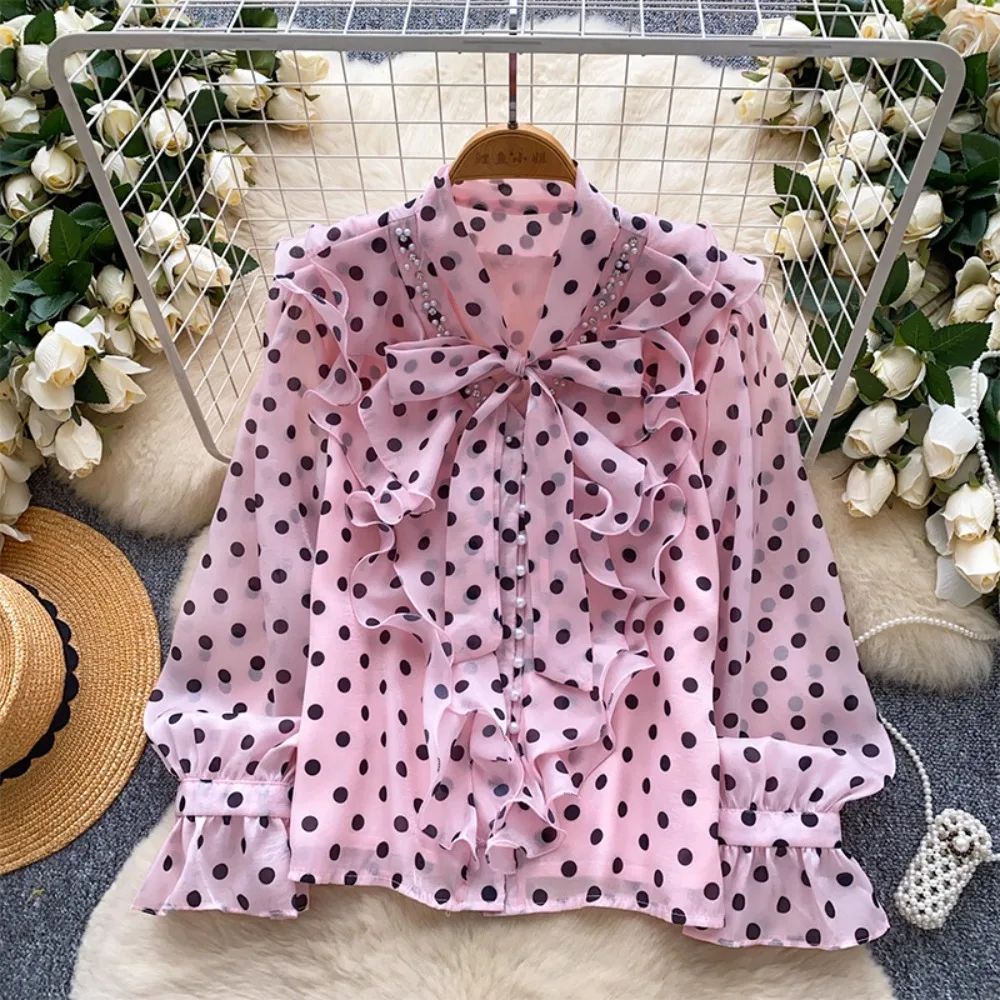 

Autumn Long-Sleeve Chiffon Blouse with Bow Collar Casual Patchwork Ruffled Shirt for Women Elegant Top Wholesale Women'sClothing