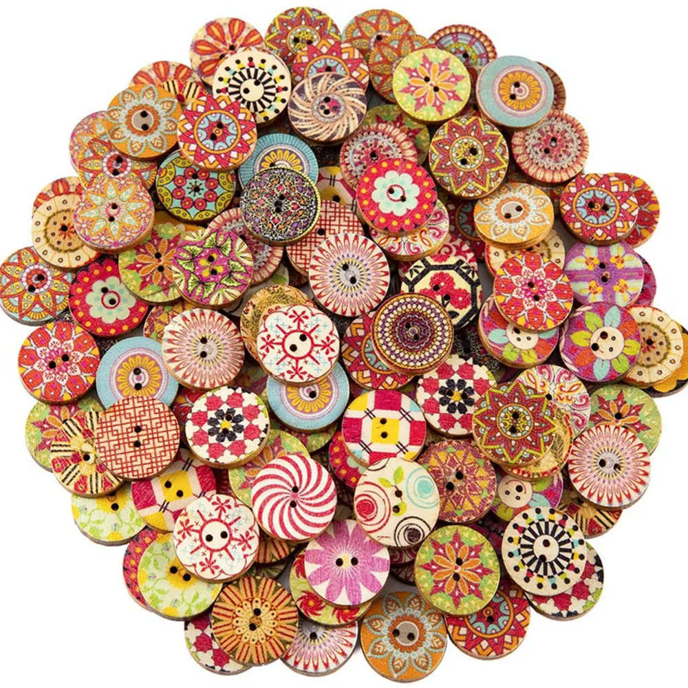 100pcs 15-25mm Vintage Wooden Buttons Colorful DIY Crafts Multi Patterns Sewing Accessories for Scrapbooking Wedding Decor Gifts