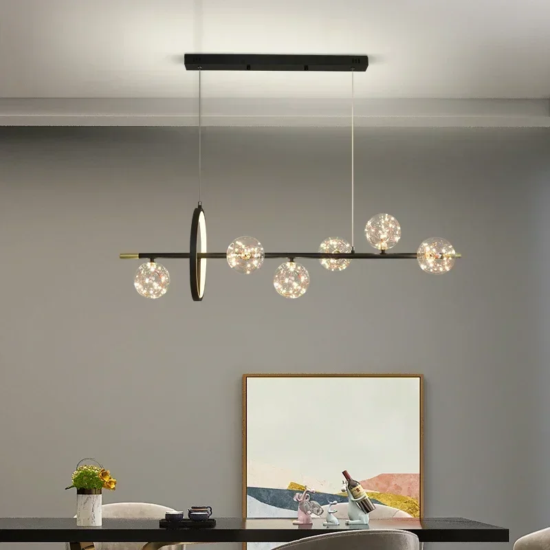 Modern Transparent Glass Ball LED Chandelier - Black Long Pendant Light for Nordic Restaurant, Cafe & Office