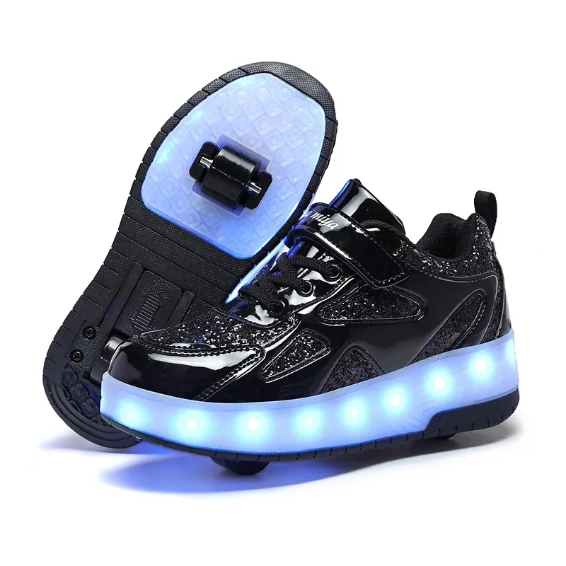 Children’s Two Wheels Luminous Glowing Sneakers Heels Pink Led Light Roller Skate Shoes Kids Led Shoes Boys Girls USB Charging