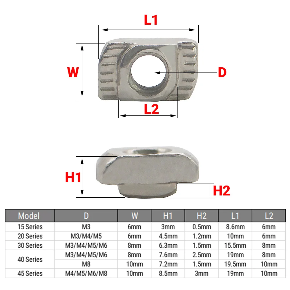 50Pcs/Lot M3 M4 M5 M6 M8 Drop In T Nut Hammer Head Sliding Nut Fasten Connector for 2020 3030 4040 4545 Aluminum Profile