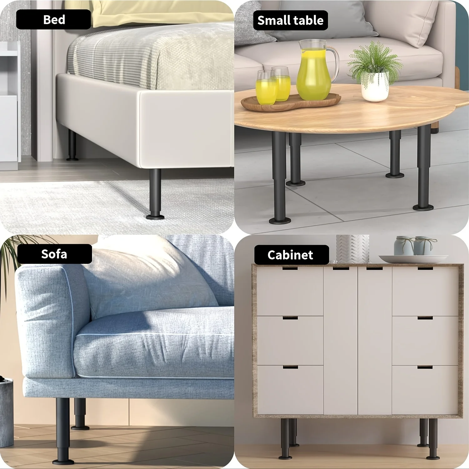 (4 Buah) Kaki Logam Tugas Berat Dapat Disesuaikan Tingginya - Konstruksi Kokoh, Lapisan Hitam Matte, untuk Rangka Tempat Tidur, Sofa, Lemari, Meja