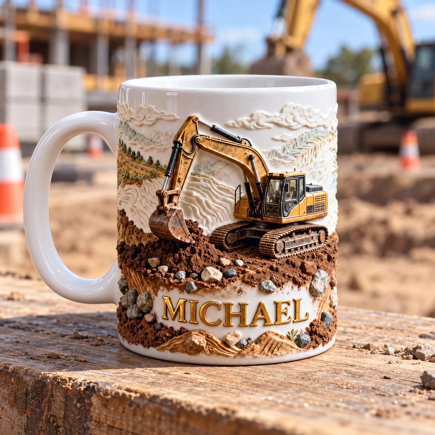 Custom Excavator Coffee Mug 11oz Ceramic Cup 325ml, Digger Print, Construction Art, Add Your Name, Gift for Digger Fans