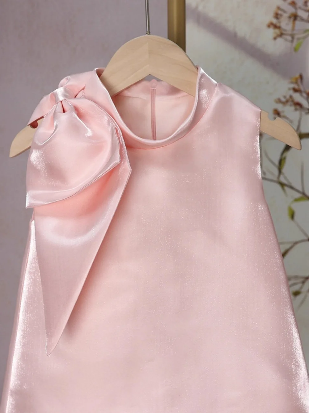 Toddler Girl Pastel Pink Sleeveless Satin Dress Big Bow Hem Feather Trim Elegant Princess Party Gown Formal Event Wedding Guest