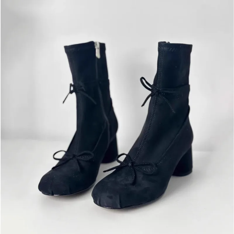 

Bow Ankle Boots for Women Suede High Heels Shoes Designer 2025 New Winter Party Fashion Boots Chunky Heeled Shoes Mujer Botas
