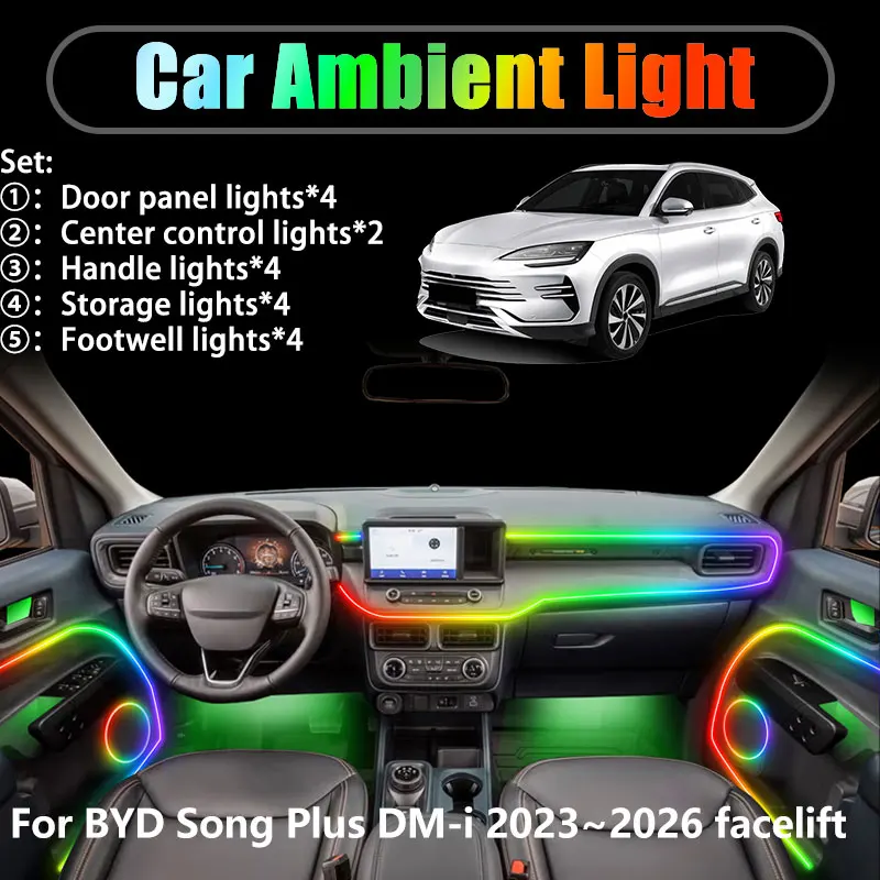 

Для BYD Song Plus DM-i 2023 ~ 2026 подтяжка лица 2/18 в 1 Автомобильное окружающее освещение Светодиодные внутренние светодиодные фонари багажника USB RGB Ensemble Streamer