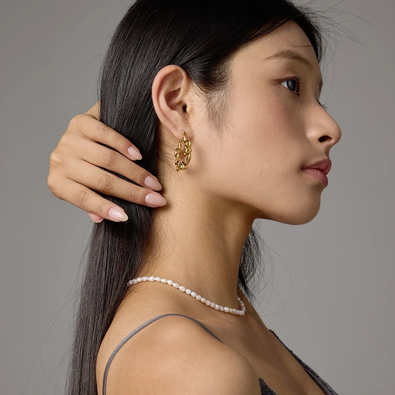 18K Gold Plated Stainless Steel Abstract Wavy Hoop Earrings - Fashion Daily Wear Jewelry For Women