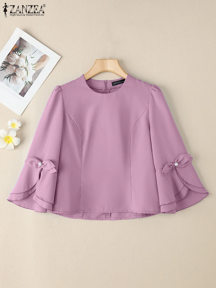 ZANZEA Elegant Women Office Work Shirt Summer O-Neck 3/4 Flare Sleeve Blouses Fashion Casual Party Tops Female Chemise Oversize