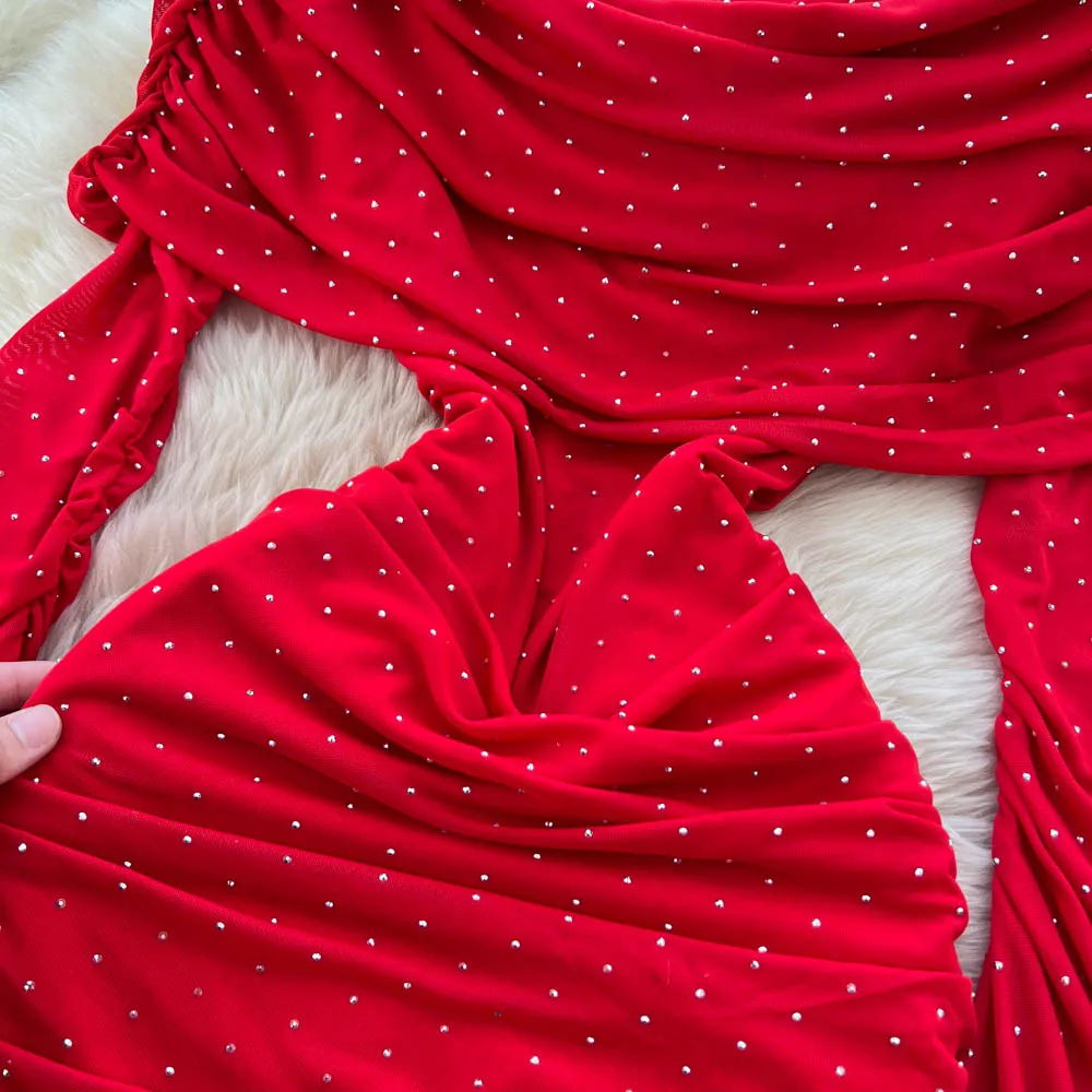 Vestido lápiz Retro elegante con cuello oblicuo y volantes, manga larga, cintura alta, ropa de mujer, vestidos de ceremonia