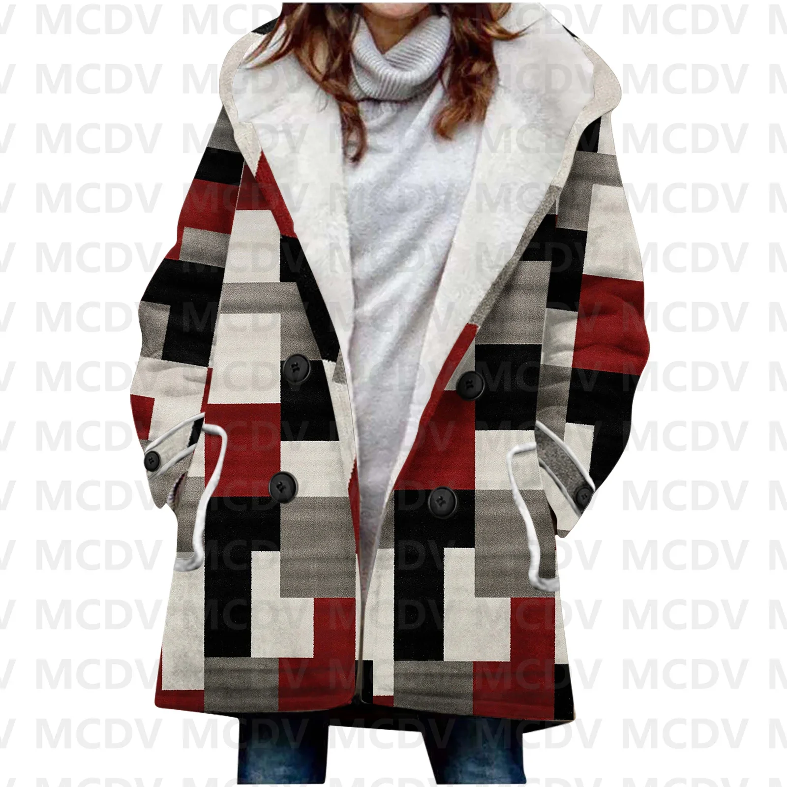 Retro Geometry 3D Printed Fleece Hooded Cloak Women Thick Warm Coat Women's Winter Warm Overcoat Casual Clothes 18 Color