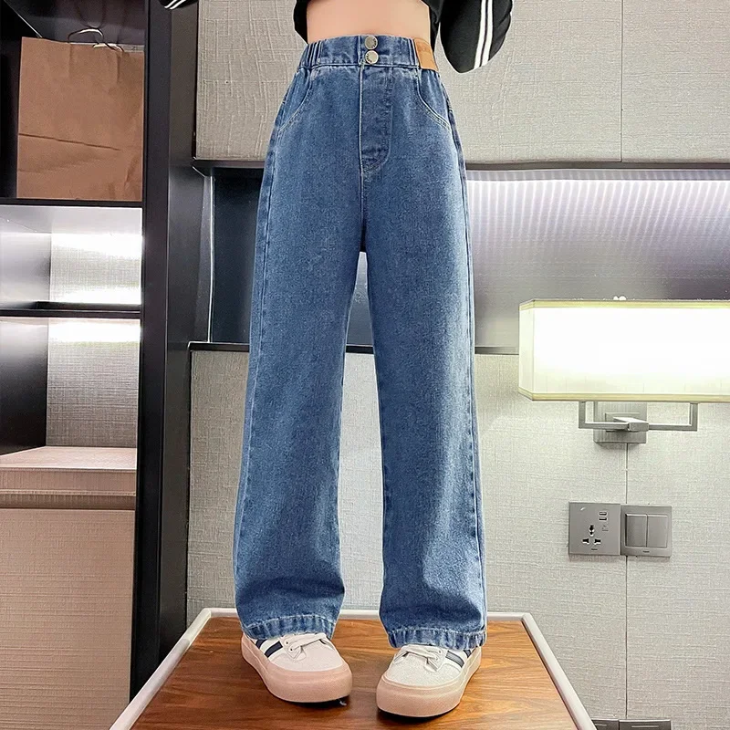 

Girls Jeans Autumn Casual Loose Side Gradient Color Young Children Wide Leg Pants 8 10 12 13 14 Years Teen School Kids Trousers
