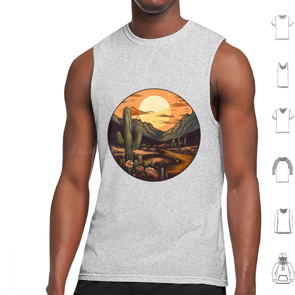 Desert Night Tank Tops Vest Sleeveless Desert Night Landscape Cactus Flower Mountain Track Wild Wilderness