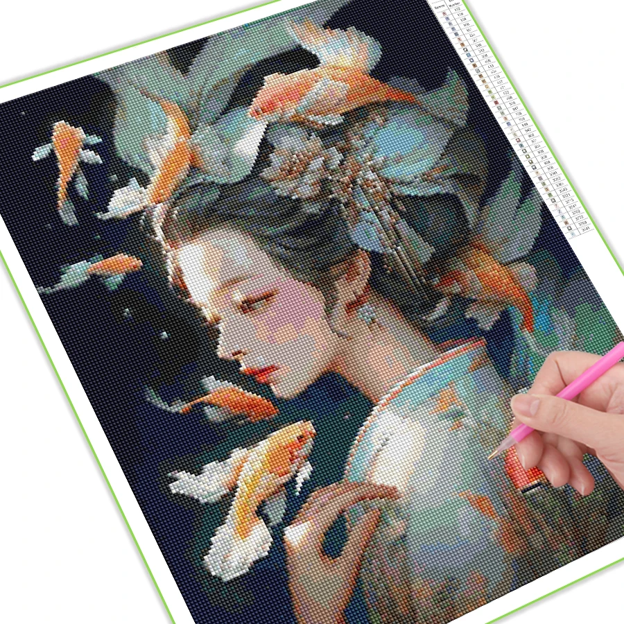 Girl Koi Carp Diamond Painting Cross Stitch Kits Diy Full Rhinestone Embroidery Fish Mosaic Picture Wall Decor Gift