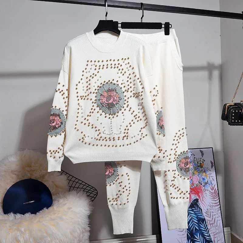 

spring Women knitting Set Sweater Pants Sets Knitted Sets For Women Beading Long Sleeve Long Pants Wholesale Dropship