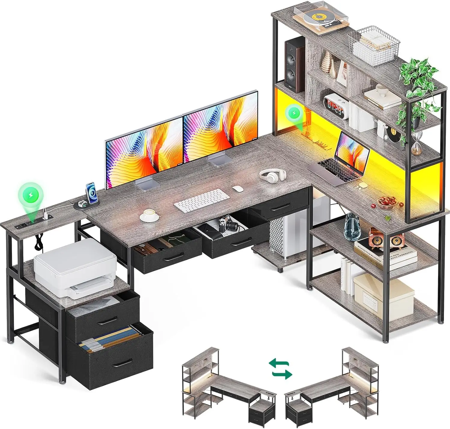 

AODK 71 inch L Shaped Desk with File Drawers, Reversible L Shaped Gaming Desk with Power Outlets & LED Lights, Computer Desk