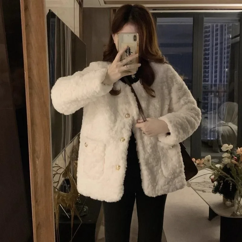 Women Autumn Winter Faux Lamb Fur Coat Elegant Tweed Style Loose Short Furry Jacket