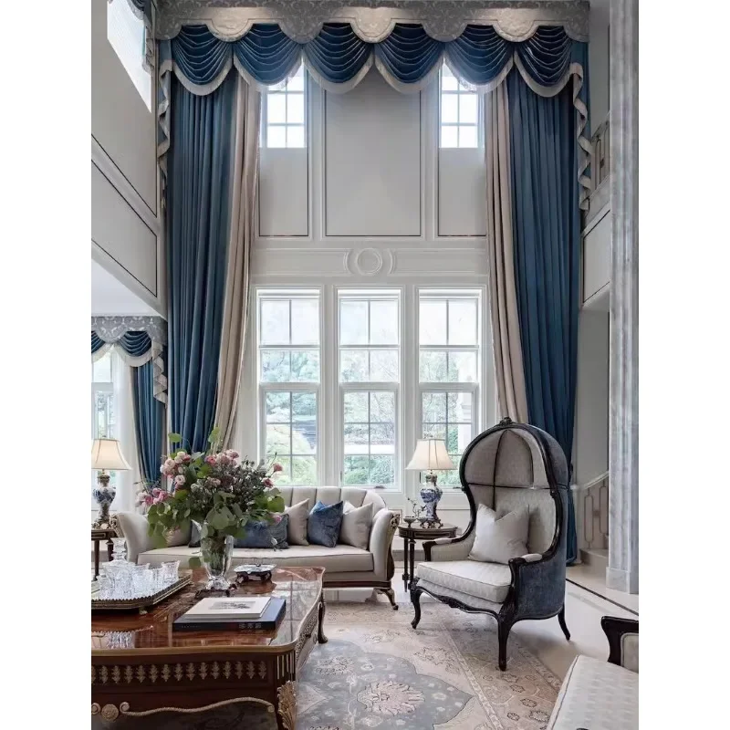 French Vintage Grey Blue Velvet Curtains for Living Room Bedroom Luxury Blackout Drapes Elegant Soft Plush American Style Custom