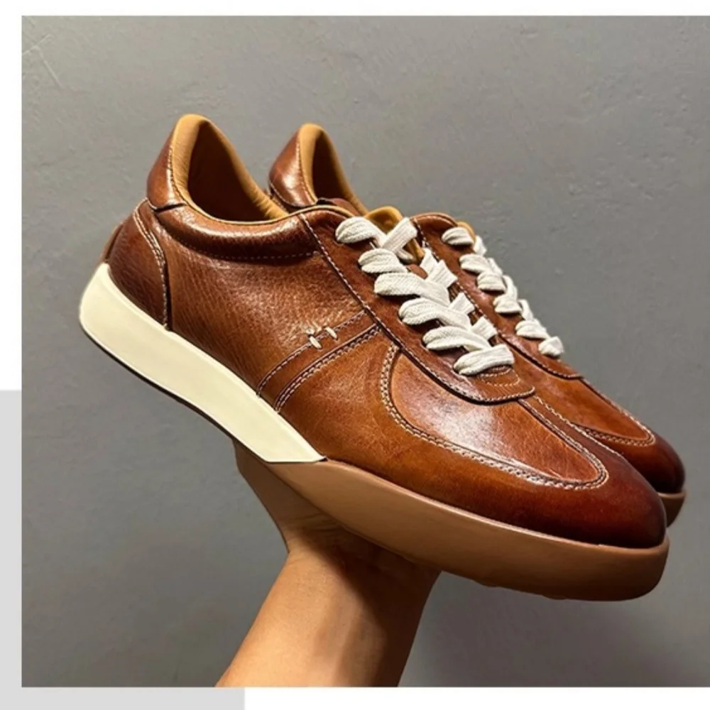 

QHCCID Men's Handmade Genuine Leather Casual Shoes Classic Breathable Trendy Sports Leisure Board Shoes Horsehide Material