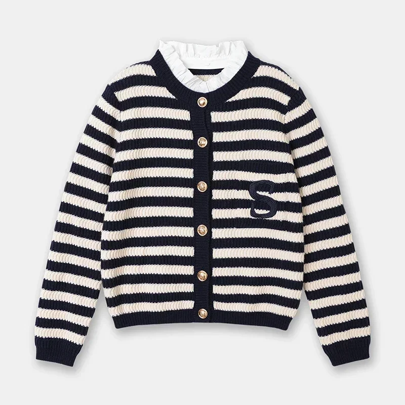 2024 Spring Classic S Letter Knit Cardigan Coat Women Stripe Sweater Ruffles Collar Tops Luxury Designer Brand Chic Y2K Clothing