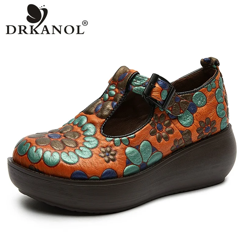 DRKANOL Platform Shoes Women Spring Printing Genuine Leather Round Toe Buckle Strap Ethnic Style Wedges Heel Mother Shoes H720L