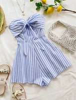 Mono holgado con rayas azules en la parte delantera para mujer, ideal para vacaciones de primavera/verano, fiestas, citas y té de la tarde.