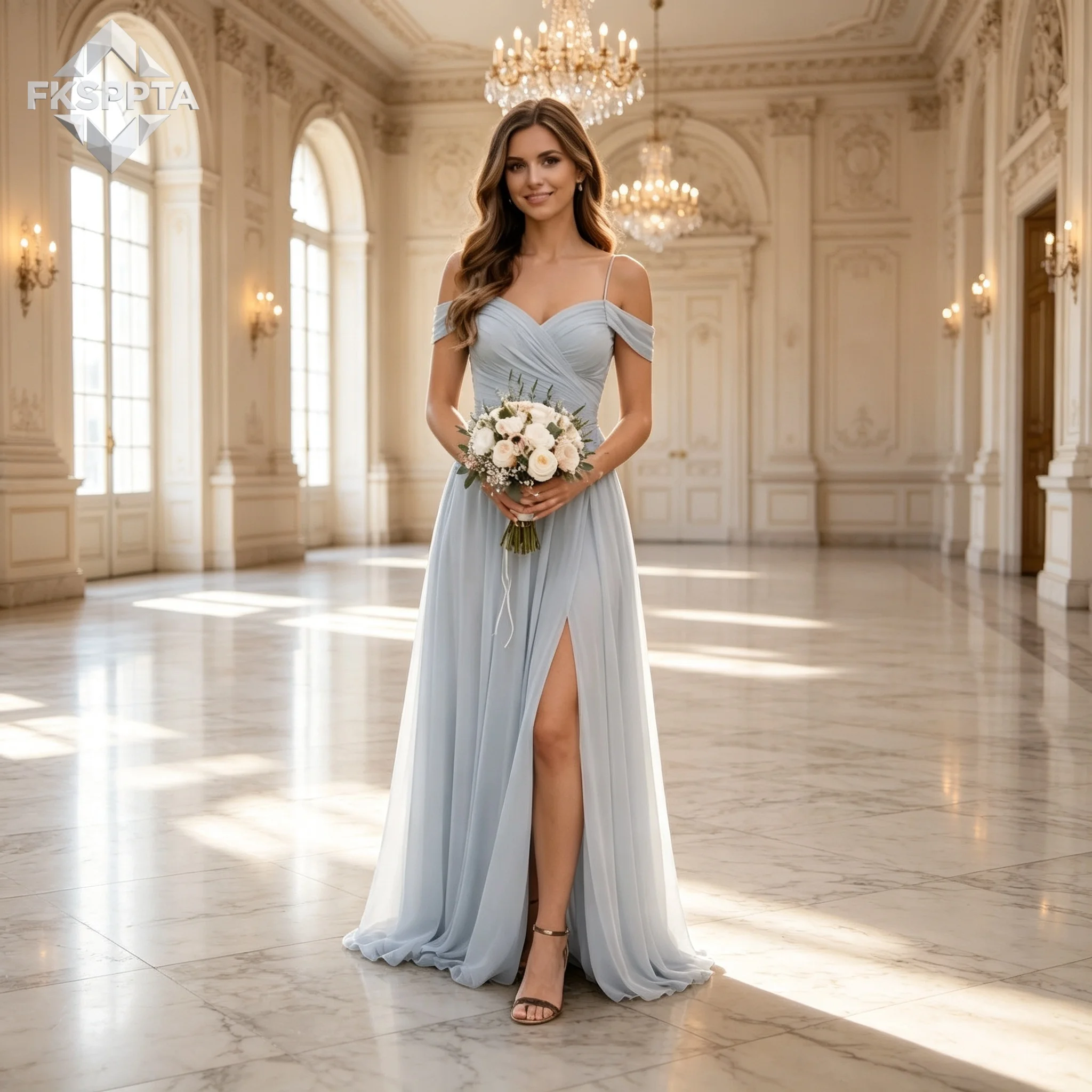 Wholesale Baby Blue Long Bridesmaid Dresses A Line Side Split Chiffon Maxi Wedding Guest Gowns Plus Size Vestido De Festa