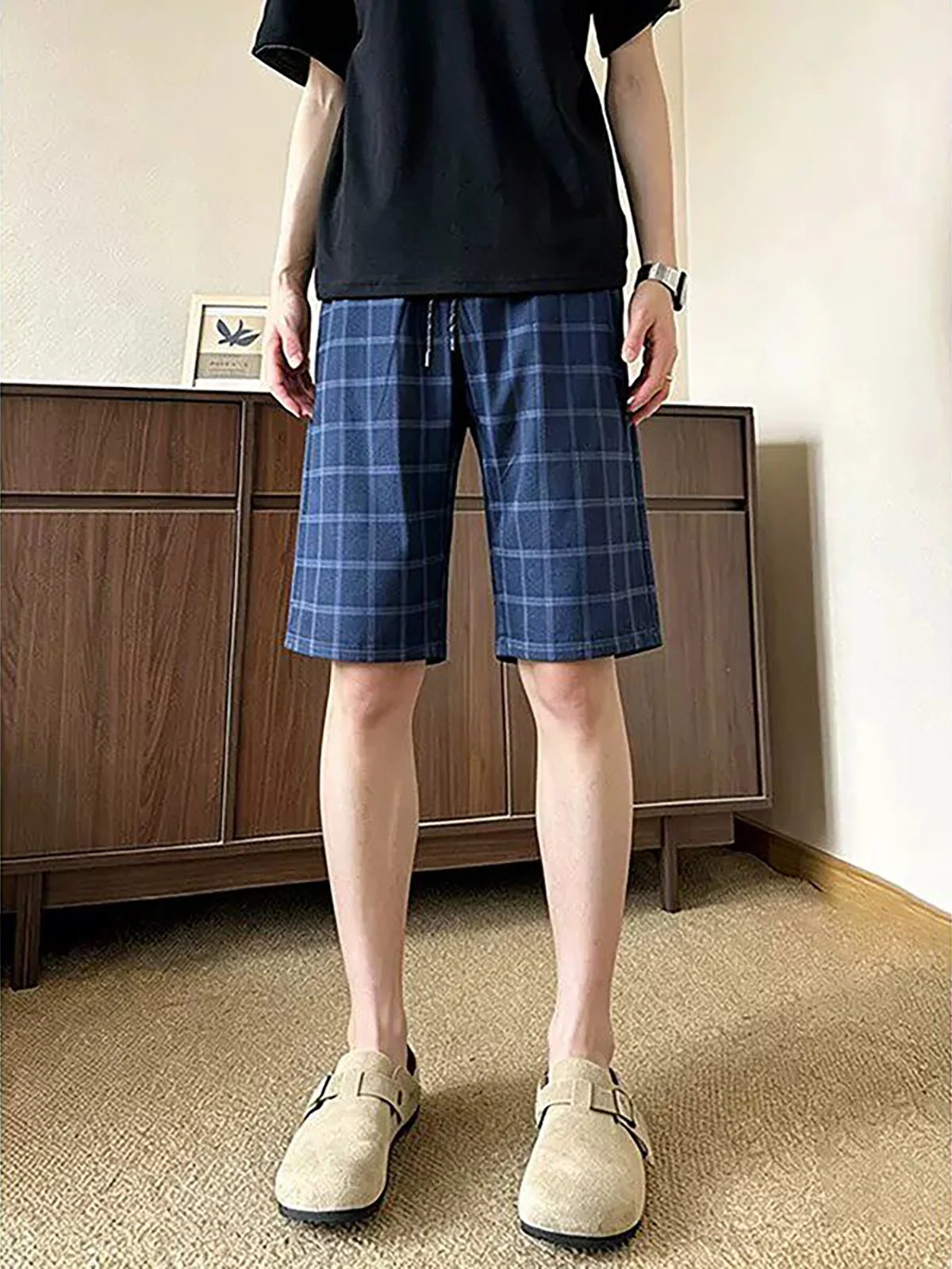 Blue Plaid Outdoor Cool Feeling Men's Short Pants Standard Waist Short Length Summer Sporty Quick Dry Fourths Sensation