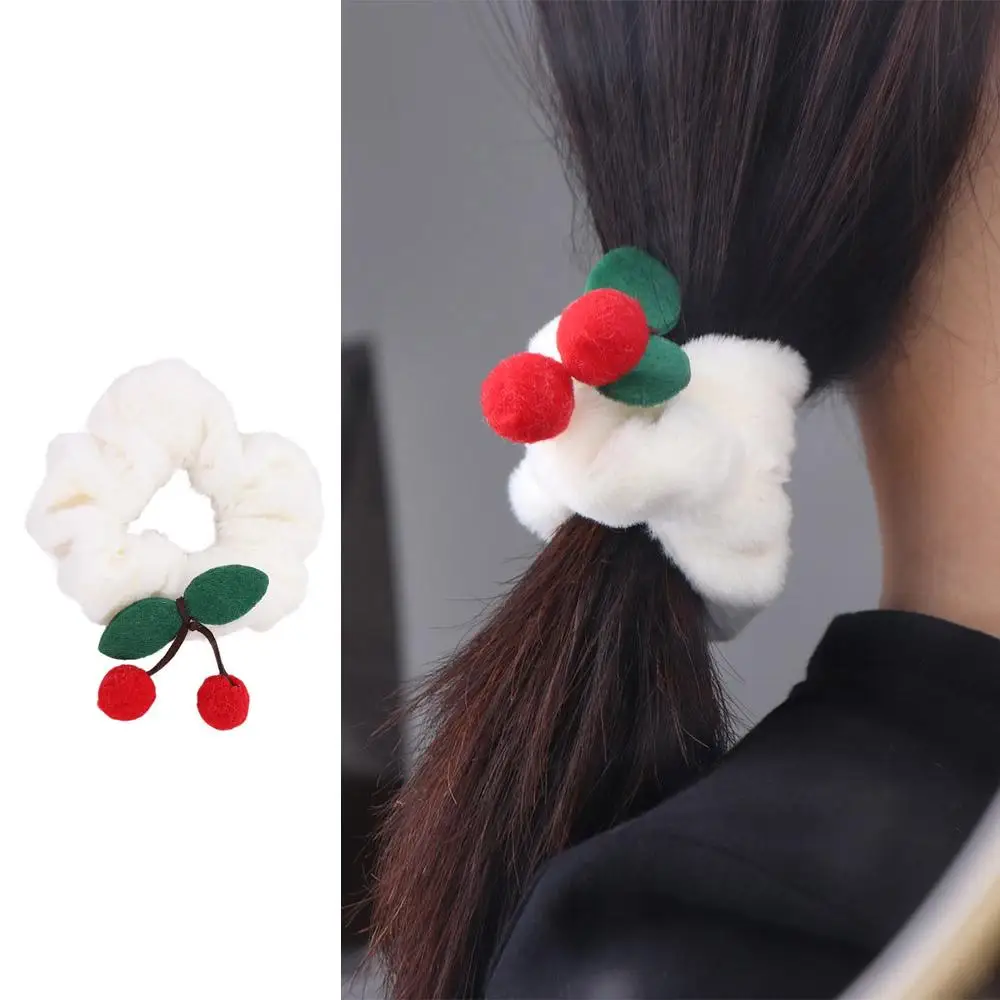 

Autumn High Elastic Cherry Hair Rope White Korean Style Plush Hair Tie Headdress Ponytail Holder Sweet Hair Tie Girls