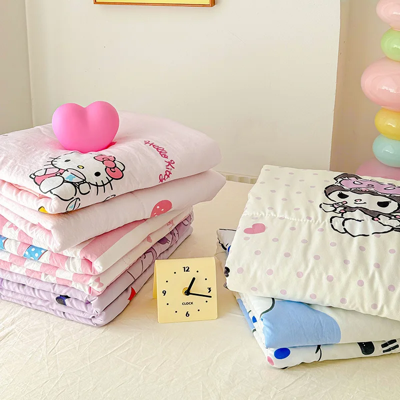 Hello Kitty Summer Cartoon Children Double-layer Gauze Summer Quilt Sanrio  Air Kuromi Conditioner Machine Washable Thin Quilt