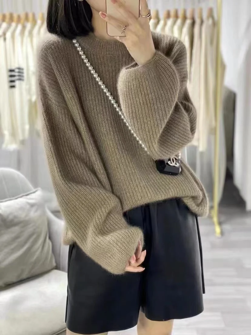 Pull en Cachemire à Col Rond pour Femme, Vêtement à Points Brillants, à Manches Lanternes