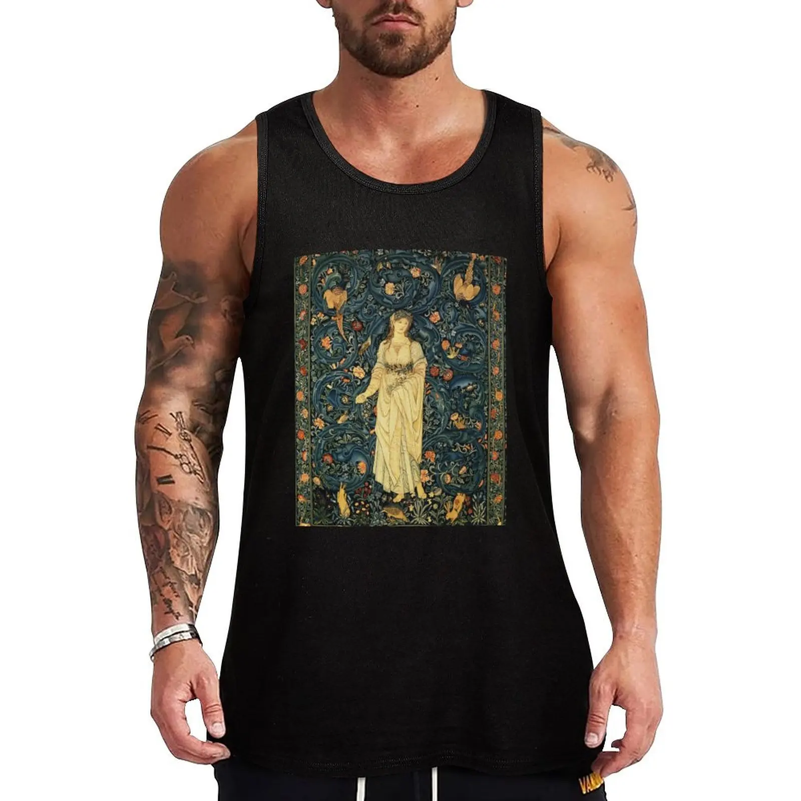 

LADY FLORA, GREENERY, FOREST ANIMALS ,PHEASANT BIRDS ,RABBITS Blue Green Floral Tapestry Tank Top men gym clothing Men's vest
