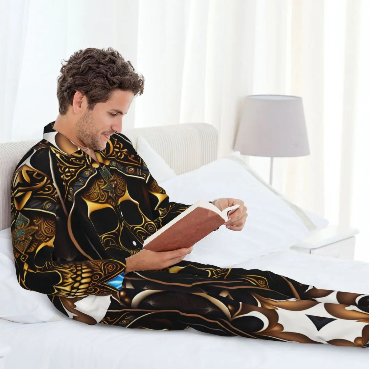 Pyjama Sktransistors à Manches sulfavec Couronne et Diamant pour Homme, Ensemble de Vêtements de Nuit, Automne et Hiver