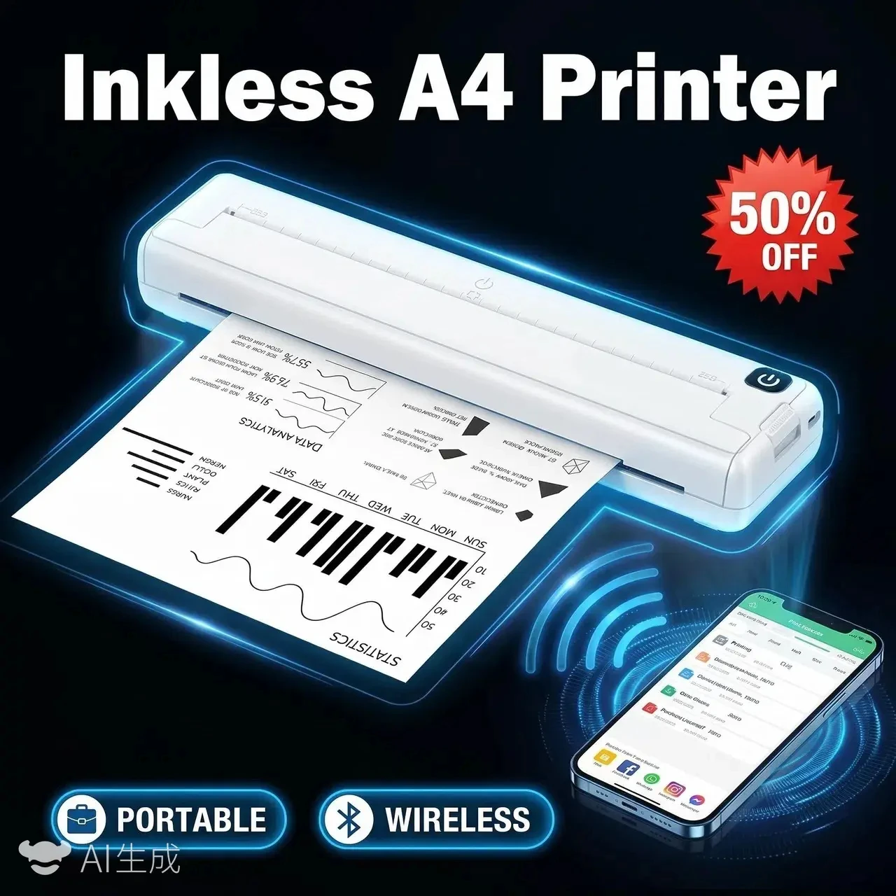 

A404 Portable Printer, Multifunctional HD Wireless Printer for Homework & Study Materials, White