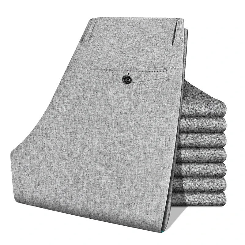 Pantalon de bureau décontracté pour homme, coupe droite, longueur intégrale, texture lin chiné, fermeture éclair à bouton unique, résistant aux plis