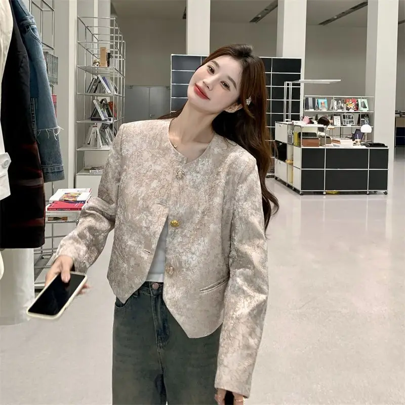 

Lnsozkdg New Korea Jacquard Flower Satin Suit Short Coat Female Autumn Celebrity Elegant Style Blazer Long Sleeve Cardigan Tops