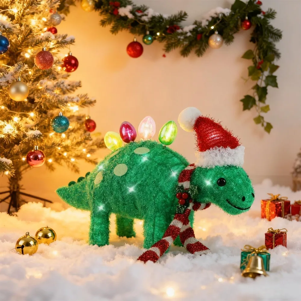 Beleuchtete 3D-Lametta-Stegosaurus-Weihnachtsdekoration, vorbeleuchtete grüne Dinosaurier-Hofkunst für den Außenbereich, 25 Länge x 13 Höhe
