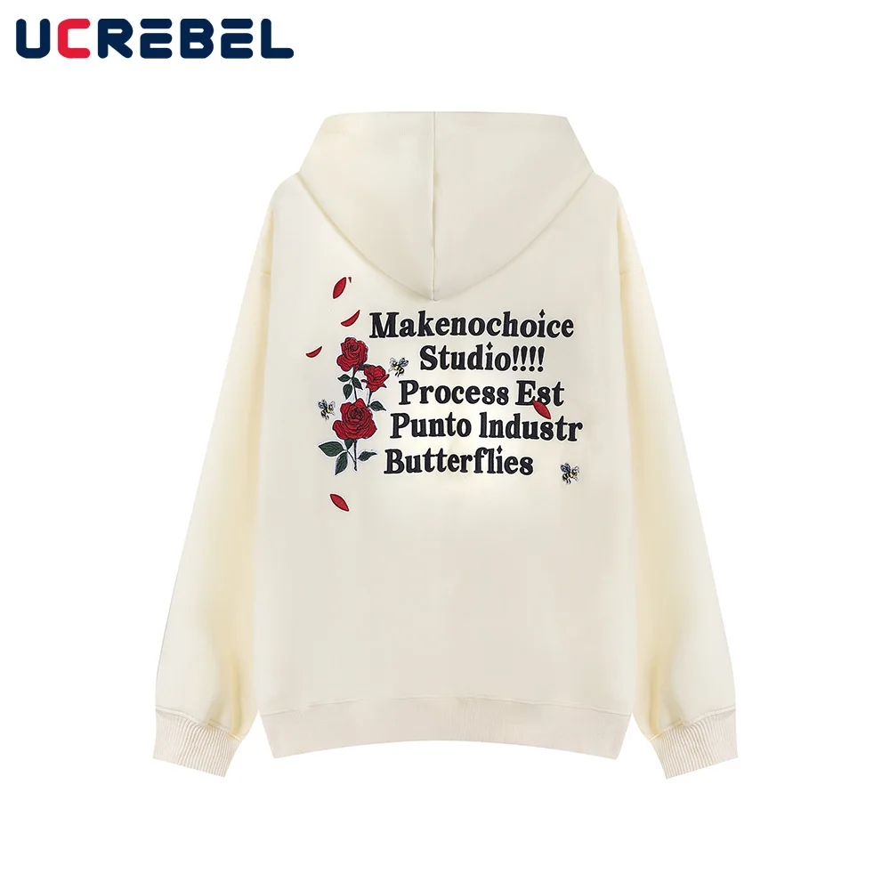 Letter Embroidery Hooded Sweatshirts Mens Rose Flower Autumn High Street Drop Shoulder Loose Long Sleeve Sweatshirts Men