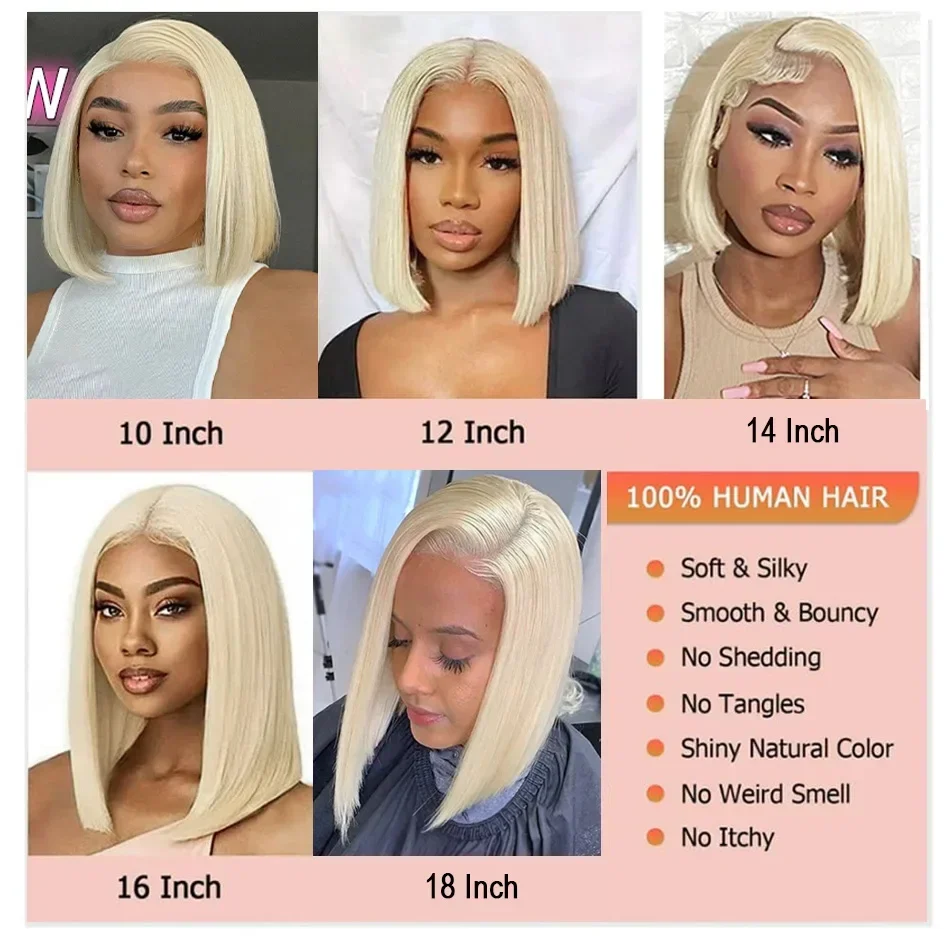 Perruque Bob courte droite blonde pour femme, Full Frmetals, HD Transparent Lace, perruques de cheveux humains, pré-plumée, 13x4, 13x6, 613