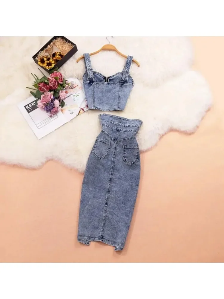 Denim Skirt Set High Quality Summer Women Jeans Vest+Skirts Sets Straps Tops Buttons Denim Skirt Suits for Woman Костюм Женский