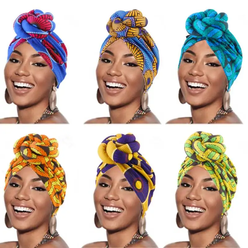 Afrykański turban z nadrukiem dla kobiet Nowa moda Pre-Made Top Knot Head Wraps Flower Stretch Hijab Ladies Party Wedding Headdress
