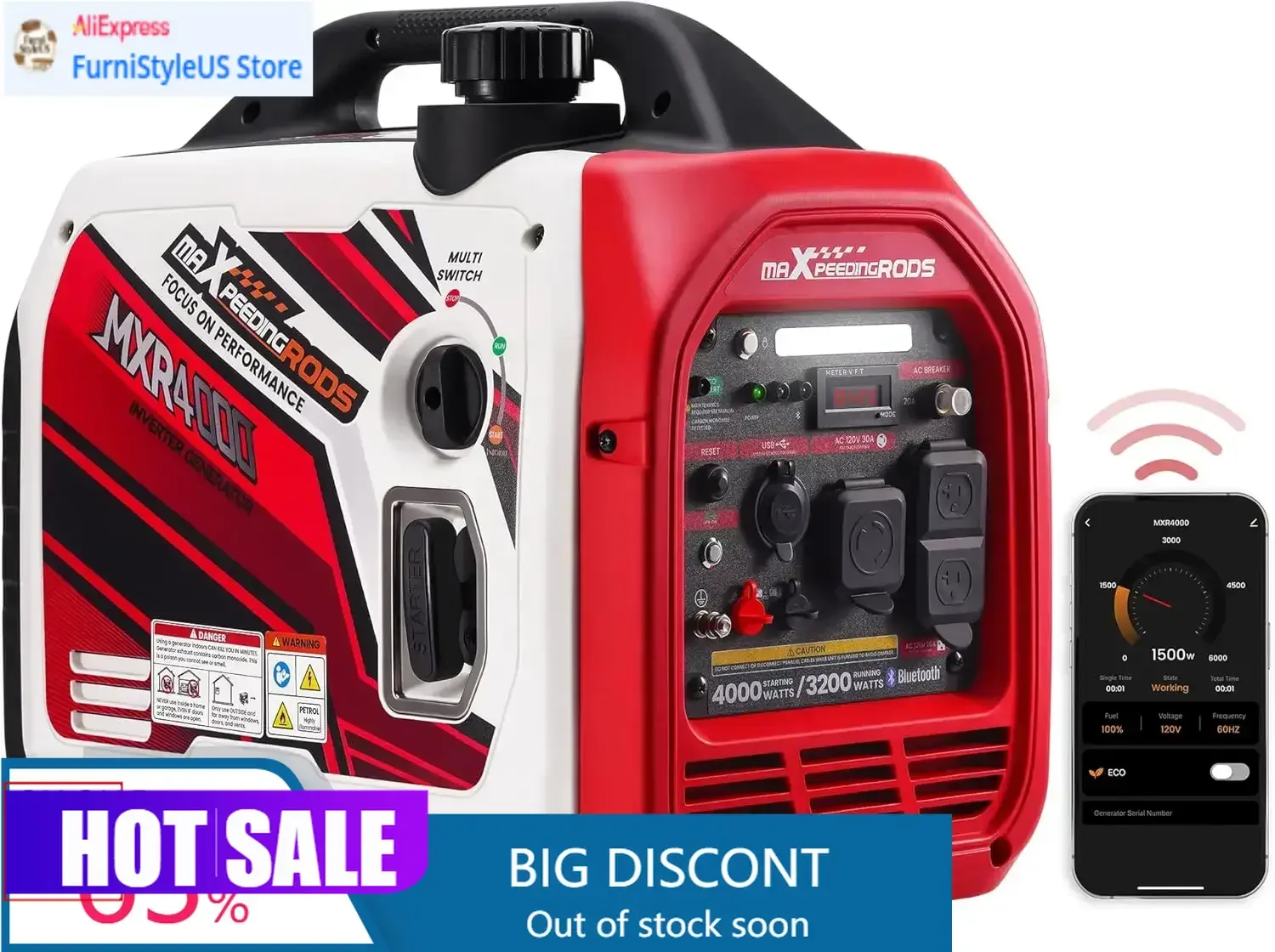 

Home Emergency Generator 4000 Watt Inverter Generator Portable With CO Alarm, RV Ready, Gas Powered Generator, App Remote Data M